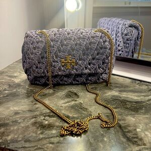 Tory Burch purple raffia small cross body